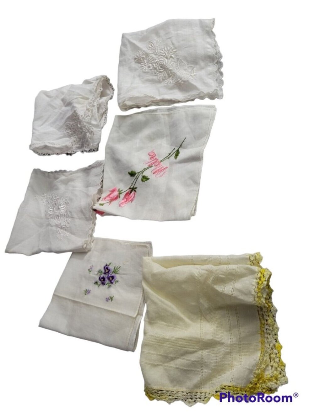 Lot 6 Assorted Handkerchiefs Embroidery Lacework Violets Roses Womens Mother Vtg
